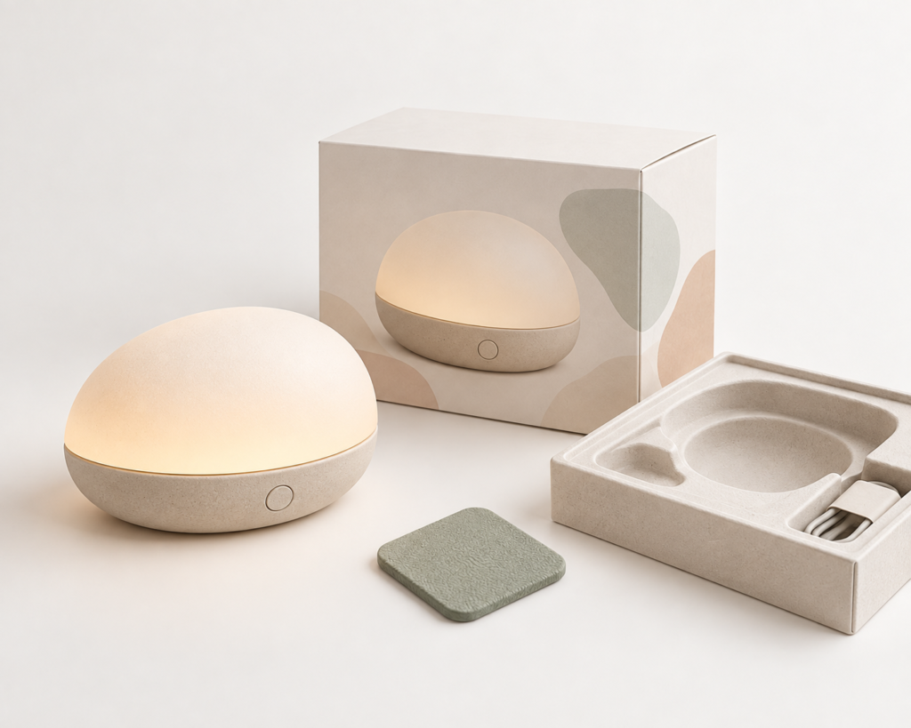 Finished consumer product with custom retail box, molded insert, and approved material sample