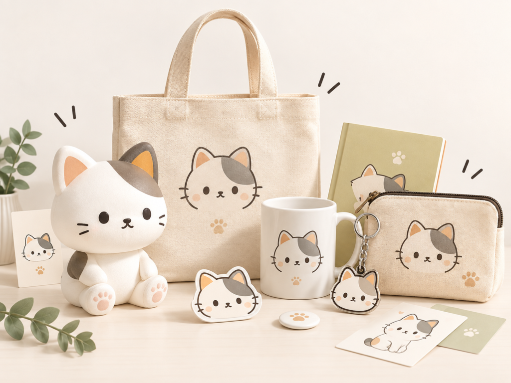 Character Merchandise Collection
Original cat character developed into a coordinated merchandise collection