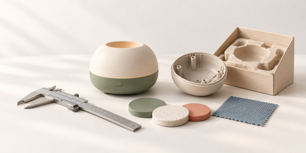 Product prototype, internal construction, material samples, packaging insert, and precision measuring tool