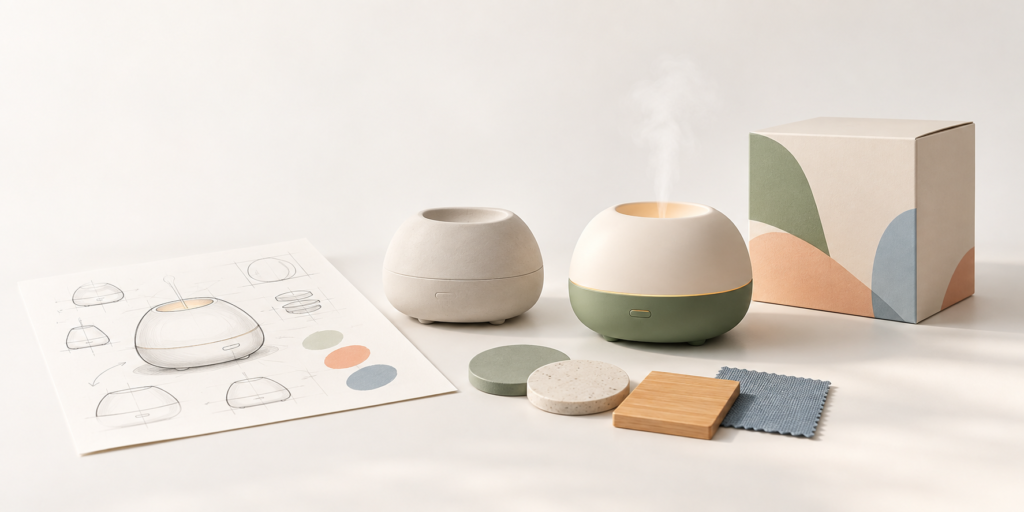 Original product concept developed from sketches and material samples into a finished consumer product and packaging