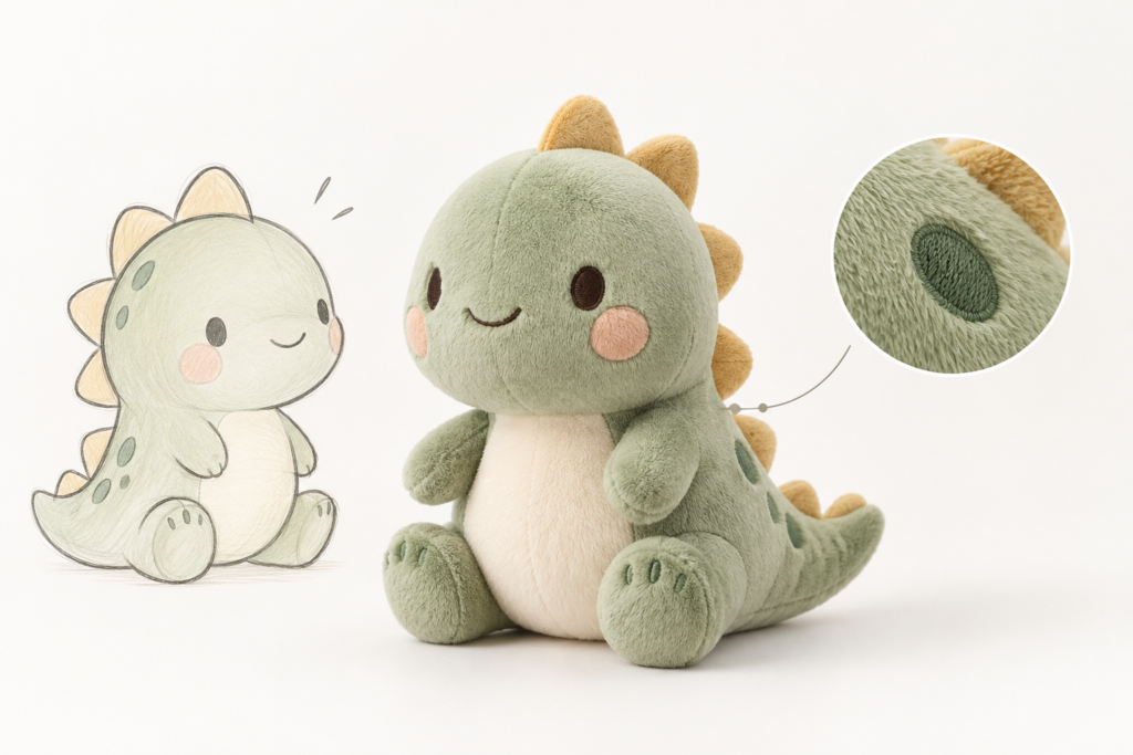 Character Plush Development
Original dinosaur character artwork developed into a finished custom plush prototype