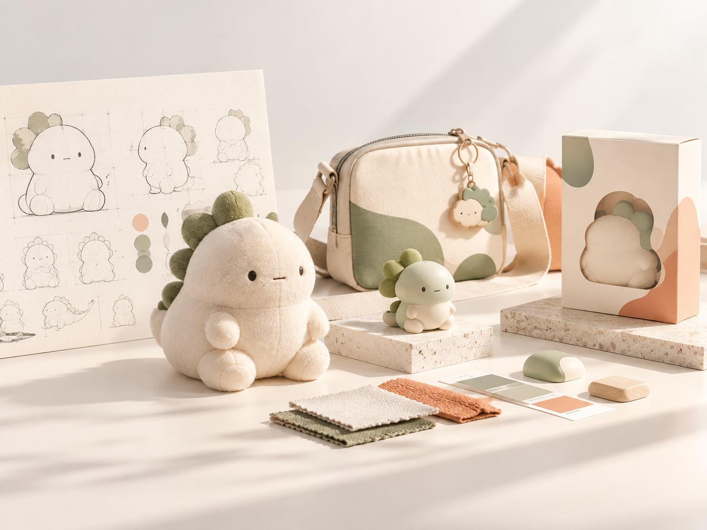 Custom product development collection with character sketches, plush prototype, accessories, packaging, and material samples