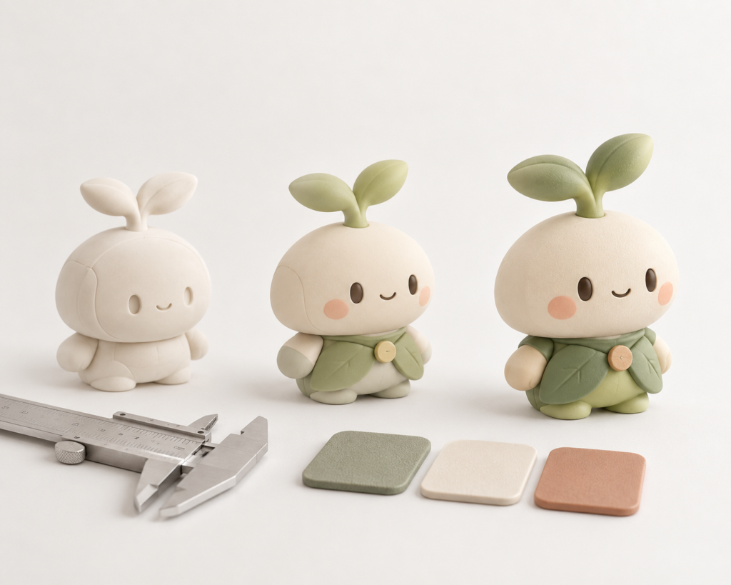 Three prototype stages of an original character figure with color and material samples